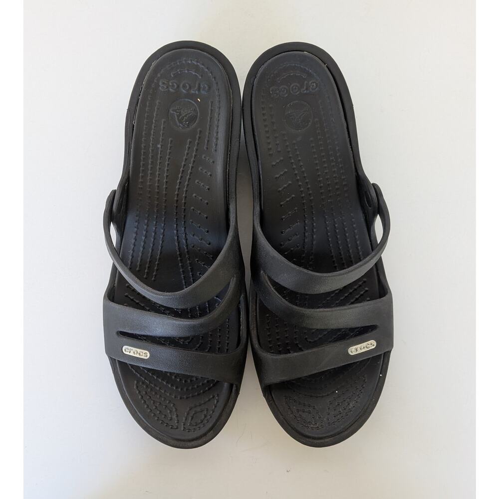 Crocs Wedge Sandals Womens Size 10 Black Patricia II Strappy Slip-On Coastal